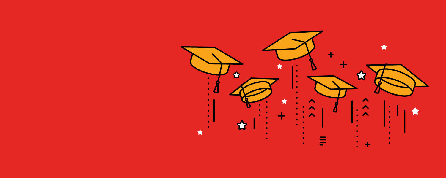 Graphic with graduation hats in the air