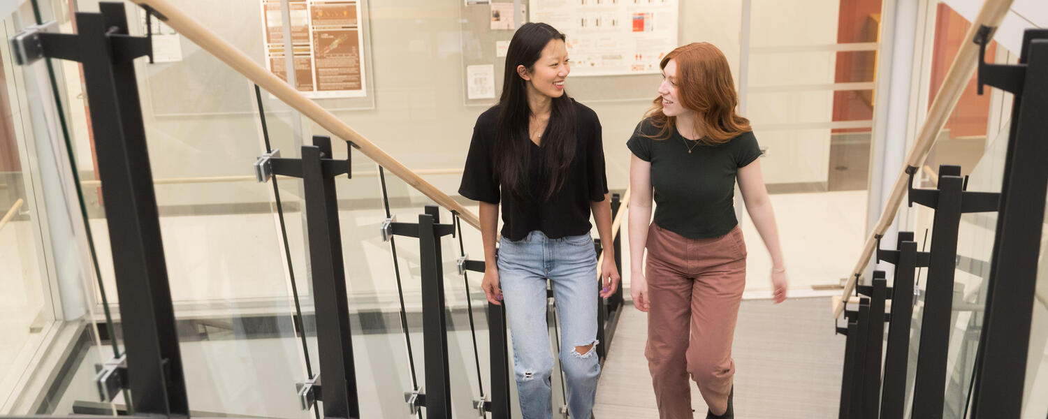 two students walking up stairs