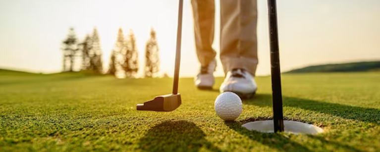 Someone walking on golf green carrying a golf club