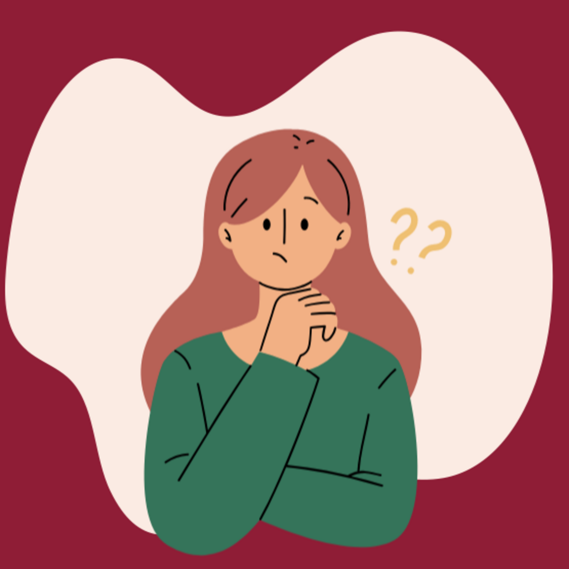 girl thinking with red background