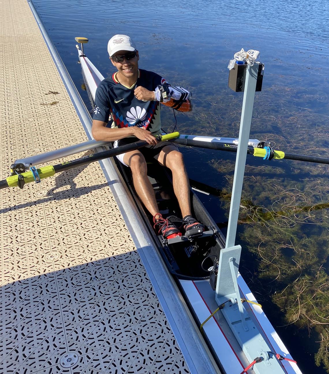 Researcher paddling in water