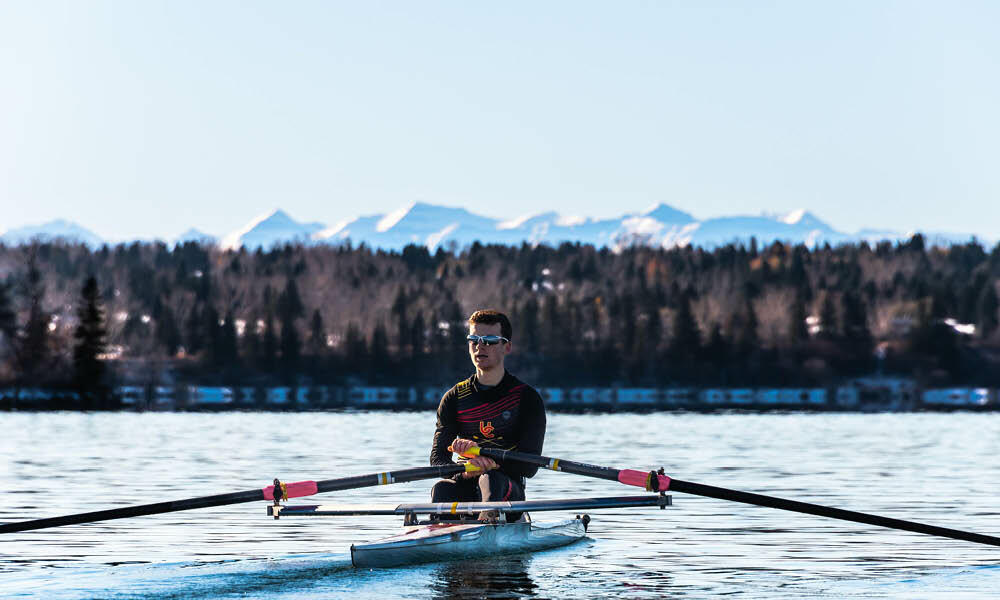 Landon Foley rowing on water